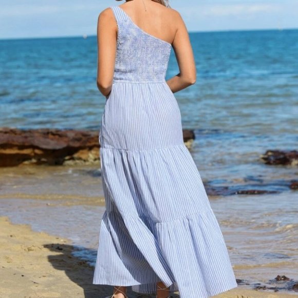 One Shoulder O-ring Detail Shirred Ruffle Hem Striped Print Dress - Picture 5 of 6